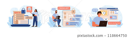 Cyber or web security set. Artificial intelligence provide data protection and database safety of a digital device. Protection of the internet access, cyber attack prevention. Flat vector illustration Cyber or web security set. Artificial intelligence provide data protection and database safety of a digital device. Protection of the internet access, cyber attack prevention. Flat vector illustration 118664750