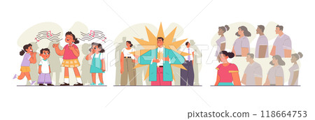Uniqueness and individuality set. Character standing out from the crowd, choosing another way. Original idea or path, different appearance. Flat vector illustration Uniqueness and individuality set. Character standing out from the crowd, choosing another way. Original idea or path, different appearance. Flat vector illustration 118664753