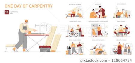 Carpentry Lifestyle set. Journey through a carpenter's daily life, from dawn until dusk. Work, family, and leisure activities. Vector illustration. Carpentry Lifestyle set. Journey through a carpenter's daily life, from dawn until dusk. Work, family, and leisure activities. Vector illustration. 118664754