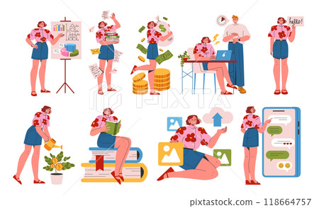 Young Businesswoman Set. Professional woman multitasking, presenting, earning, and networking. Modern career life balance. Vector illustration. 118664757