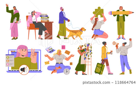 Diversity Businesswoman Set. Dynamic women in various work-life scenarios, balancing career, leisure, and self-care. Vector illustration. Diversity Businesswoman Set. Dynamic women in various work-life scenarios, balancing career, leisure, and self-care. Vector illustration. 118664764