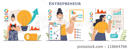 Entrepreneur set. Successful business leader launching and managing a company. Idea of leadership and career achievement. Flat vector illustration Entrepreneur set. Successful business leader launching and managing a company. Idea of leadership and career achievement. Flat vector illustration 118664766