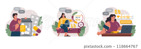 Biohacking set. Health' engineering and improving with modern monitoring system, supplements, diet, and lifestyle changes. Human biological well-being and youth maintaining. Flat vector illustration 118664767