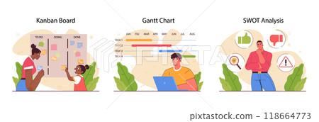 Planning and organization of tasks on board set. Character planning or checking task, appointment or assignment in a planner. 118664773