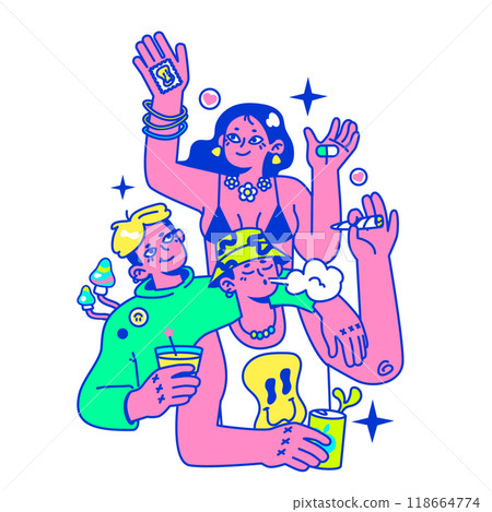 Psychedelic trip party. Rave camp. Characters dancing and smoking weed at festival campsite. Cannabist self-rolled cigarette or joint. Flat vector illustration Psychedelic trip party. Rave camp. Characters dancing and smoking weed at festival campsite. Cannabist self-rolled cigarette or joint. Flat vector illustration 118664774