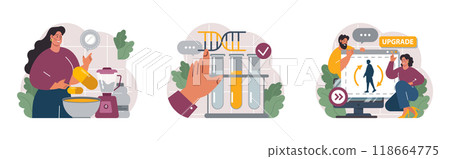 Biohacking set. Health' engineering and improving with modern monitoring system, supplements, diet, and lifestyle changes. Human biological well-being and youth maintaining. Flat vector illustration Biohacking set. Health' engineering and improving with modern monitoring system, supplements, diet, and lifestyle changes. Human biological well-being and youth maintaining. Flat vector illustration 118664775
