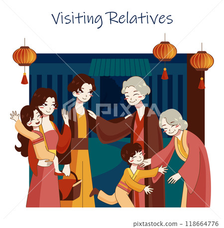 Traditional chinese fest set. Mid-Autumn festival, moon festival or mooncake festival. Happy asian family celebrate national autumn holiday. Flat vector illustration Traditional chinese fest set. Mid-Autumn festival, moon festival or mooncake festival. Happy asian family celebrate national autumn holiday. Flat vector illustration 118664776