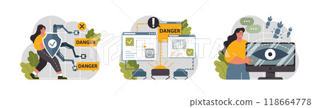 Cyber or web security set. Artificial intelligence provide data protection and database safety of a digital device. Protection of the internet access, cyber attack prevention. Flat vector illustration Cyber or web security set. Artificial intelligence provide data protection and database safety of a digital device. Protection of the internet access, cyber attack prevention. Flat vector illustration 118664778