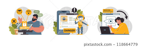 Cyber or web security set. Artificial intelligence provide data protection and database safety of a digital device. Protection of the internet access, cyber attack prevention. Flat vector illustration Cyber or web security set. Artificial intelligence provide data protection and database safety of a digital device. Protection of the internet access, cyber attack prevention. Flat vector illustration 118664779