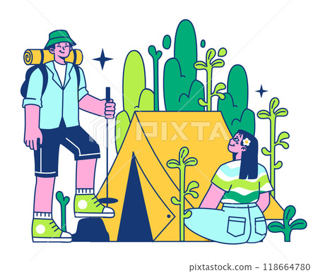 Retreat camp. Mental health treatment. Characters installing a tent. Tourist, hiker or backpacker explore mountains and forest. Active recreation and camping. Flat vector illustration Retreat camp. Mental health treatment. Characters installing a tent. Tourist, hiker or backpacker explore mountains and forest. Active recreation and camping. Flat vector illustration 118664780