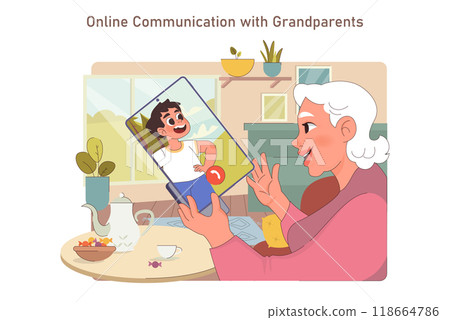 Old woman with a smartphone. Grandmother talking with a grandchild by video call. Woman in senior age confidently using a phone and social media for communication. Flat vector illustration Old woman with a smartphone. Grandmother talking with a grandchild by video call. Woman in senior age confidently using a phone and social media for communication. Flat vector illustration 118664786