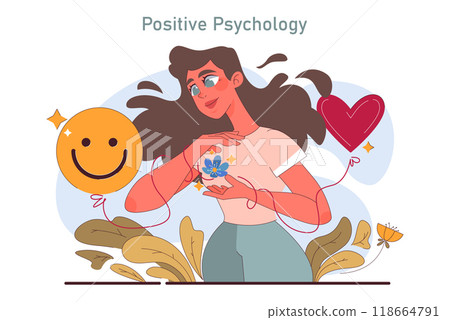 Positive psychology. Positive thinking and attitude. Optimistic mindset, self acceptance and well-being. Young woman working on her mental health. Flat vector illustration 118664791