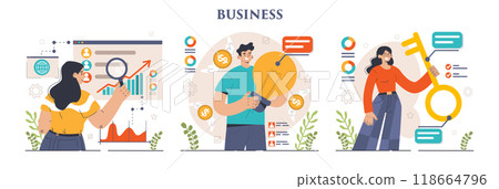 Business development set. Entrepreneurship success and growth strategy. Management, planning and competitor analysis. Company innovations for career progress. Flat vector illustration 118664796