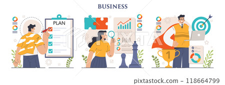 Business development set. Entrepreneurship success and growth strategy. Management, planning and competitor analysis. Company innovations for career progress. Flat vector illustration Business development set. Entrepreneurship success and growth strategy. Management, planning and competitor analysis. Company innovations for career progress. Flat vector illustration 118664799