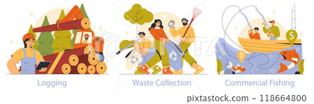 Working Professions set. Illustrations showcasing different occupations: logging, waste collection, and commercial fishing. Outdoor work environments and teamwork. Vector illustration. Working Professions set. Illustrations showcasing different occupations: logging, waste collection, and commercial fishing. Outdoor work environments and teamwork. Vector illustration. 118664800