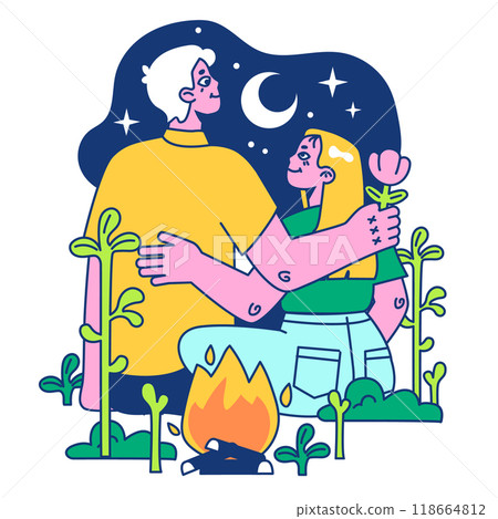 Retreat. Modern practice for body and mind wellness. Characters camping outside. Digital detox and relaxation, mindfulness practices for balanced life and mental health. Flat vector illustration 118664812