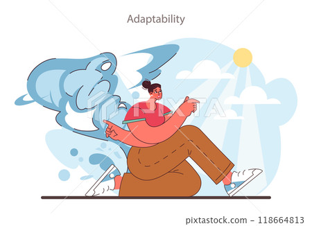 Skills development. Professional competences and employee adaptability. Female character quickly respond to changes. Personal development. Flat vector illustration Skills development. Professional competences and employee adaptability. Female character quickly respond to changes. Personal development. Flat vector illustration 118664813