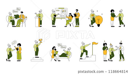 Business Woman set. Women in various professional scenarios, from presentations to celebrations. Leadership, teamwork, and success in a corporate context. Vector illustration. Business Woman set. Women in various professional scenarios, from presentations to celebrations. Leadership, teamwork, and success in a corporate context. Vector illustration. 118664814