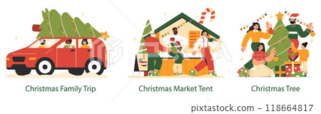 Christmas set. Joyful activities during the holiday season. Family road trip, vibrant market scenes, decorating a festive tree. Vector illustration. 118664817