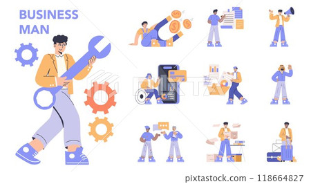 Business Man set. Diverse professional activities and efficiency in the corporate environment. Solutions, analysis, communication. Vector illustration. 118664827