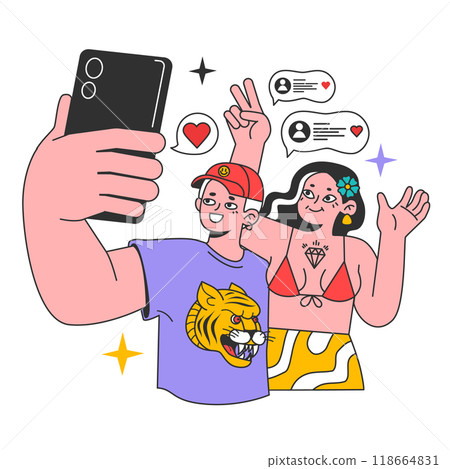 Kidult. People keeping their childhood passion or interest. Stylish adult characters holding a smartphone, taking a selfie. Man and woman posing for social media. Flat vector illustration 118664831
