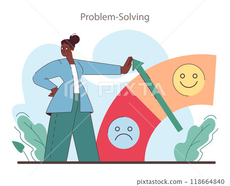 Soft skill. Employee with problem solving skill. Generation of a creative idea or way to solve a problem. Self-development for career growth. Flat vector illustration 118664840