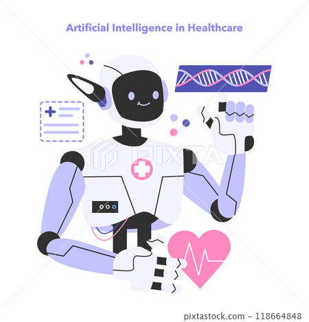 Neural network helping in a healthcare. Health-focused modern technology. AI assistance in diagnostic and treatment. Virtual consultation. Flat vector illustration Neural network helping in a healthcare. Health-focused modern technology. AI assistance in diagnostic and treatment. Virtual consultation. Flat vector illustration 118664848