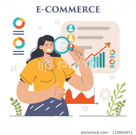 E-store and e-commerce. Entrepreneur selling goods and gaining profit on digital platform. Management, market and competitors analysis. Statistical information research. Flat vector illustration 118664851