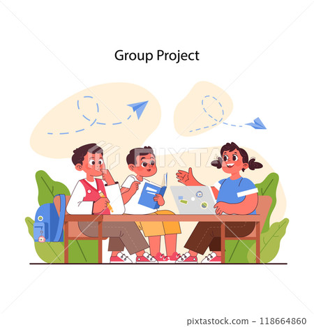 Pedagogy. Group project collaboration. Method of children upbringing and education. Primary school kids gaining knowledge and skills together, modern approach to teaching. Flat vector illustration 118664860
