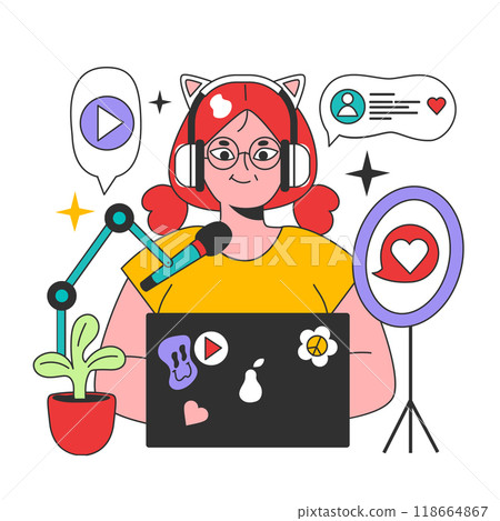 Kidult. Woman keeping her childhood passion or interest. Adult character vlogging on social media. Adult streamer creating funny entertaining content. Flat vector illustration 118664867