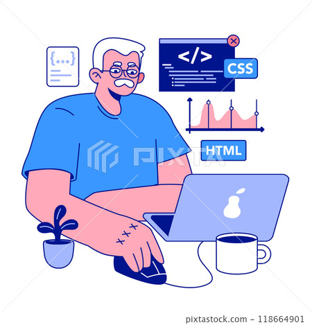 Senior developer. Oldman programming and coding. Developing and maintaining website and app. Oldster IT specialist working in server and data processing centers. Flat vector illustration Senior developer. Oldman programming and coding. Developing and maintaining website and app. Oldster IT specialist working in server and data processing centers. Flat vector illustration 118664901