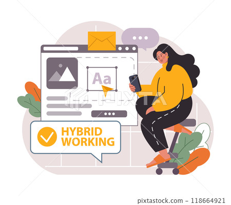 Hybrid work. Characters with a flexible schedule, working from office and home. Telework and outsource, employee work globaly. Digital nomad or freelancer idea. Flat vector illustration 118664921