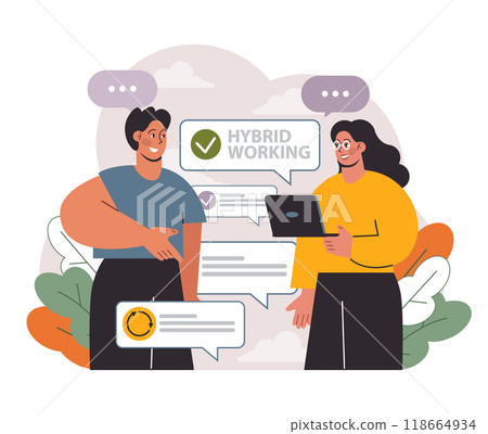 Hybrid work. Characters with a flexible schedule, working from office and home. Telework and outsource, employee work globaly. Digital nomad or freelancer idea. Flat vector illustration 118664934