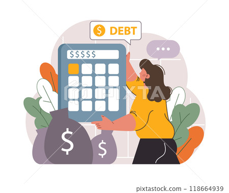 Student debt. Young graduated character with a financial crisis. Expencive education loan. Payment problem after a graduation. Flat vector illustration Student debt. Young graduated character with a financial crisis. Expencive education loan. Payment problem after a graduation. Flat vector illustration 118664939