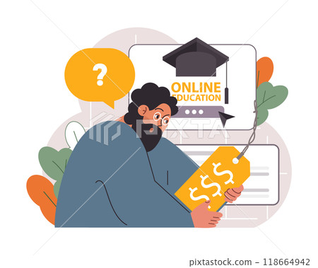 Student debt. Young graduated character with a financial crisis. Expencive education loan. Payment problem after a graduation. Flat vector illustration Student debt. Young graduated character with a financial crisis. Expencive education loan. Payment problem after a graduation. Flat vector illustration 118664942