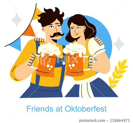 Oktoberfest celebration concept. Friends toast with traditional beer mugs at a festive Bavarian event. Oktoberfest attire and joyous mood. Vector illustration. Oktoberfest celebration concept. Friends toast with traditional beer mugs at a festive Bavarian event. Oktoberfest attire and joyous mood. Vector illustration. 118664971