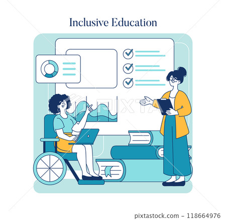 Inclusive Education concept. Students with disabilities actively participating in a modern learning environment. Accessibility and equality in academic settings. Vector illustration. 118664976