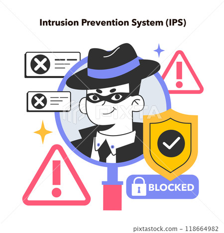 IPS, Intrusion prevention system. Network security tool monitoring a network for malicious activity. Web system reporting and blocking malware threats. Flat vector illustration 118664982