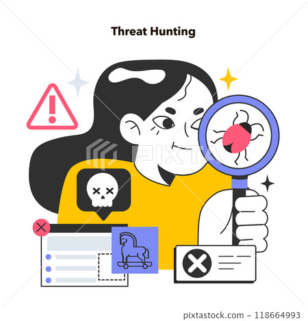 Cyber threat hunting. Practice of proactively searching for cyber threats that are lurking undetected in a network. Cyberattacks detection evaded traditional defense. Flat vector illustration Cyber threat hunting. Practice of proactively searching for cyber threats that are lurking undetected in a network. Cyberattacks detection evaded traditional defense. Flat vector illustration 118664993
