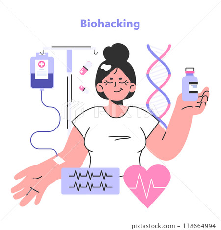 Biohacking. Health' engineering and improving with modern monitoring system, supplements, diet, and lifestyle changes. Human biological well-being and youth maintaining. Flat vector illustration Biohacking. Health' engineering and improving with modern monitoring system, supplements, diet, and lifestyle changes. Human biological well-being and youth maintaining. Flat vector illustration 118664994