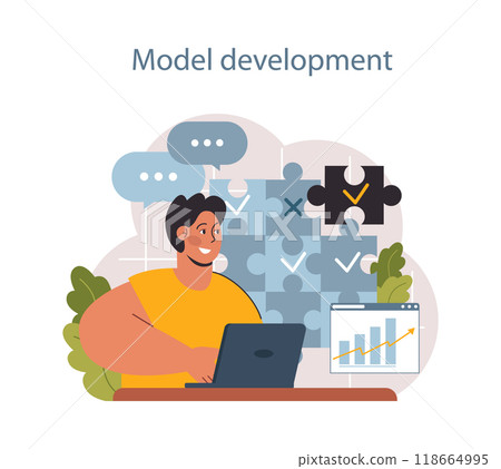 Predictive analytics. Process of using and processing data to forecast future outcome. Business ideas or decisions development. Character developing a model. Flat vector illustration 118664995
