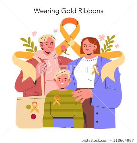Childhood Cancer Awareness Month illustration featuring a family with gold ribbons supporting the cause. Unity in the fight against cancer. Vector illustration. 118664997