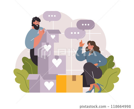 Charity. Volunteers community take care of people in need. Idea of care and humanity. Humanitarian aid and donations for poor people support. Flat vector illustration 118664998