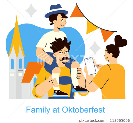 Oktoberfest concept. A family enjoys the festive atmosphere with traditional beer and attire. Celebratory mood in Munich with iconic architecture. Vector illustration. Oktoberfest concept. A family enjoys the festive atmosphere with traditional beer and attire. Celebratory mood in Munich with iconic architecture. Vector illustration. 118665006