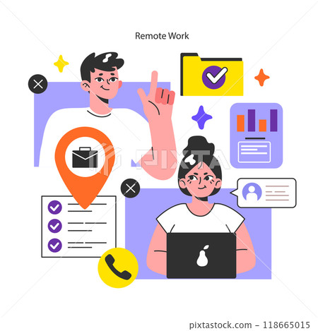 Remote work. Characters with a flexible schedule, working outside the office. Telework and outsource, employee work globally. Digital nomad or freelancer idea. Flat vector illustration 118665015