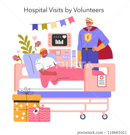 Hospital Visits by Volunteers concept. A comforting visit from a caped hero to a patient in a hospital room, with gifts and decorations. Vector illustration. Hospital Visits by Volunteers concept. A comforting visit from a caped hero to a patient in a hospital room, with gifts and decorations. Vector illustration. 118665021