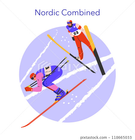 Winter Sports concept. Dynamic Nordic Combined athletes ski jumping in a competitive event. Action and winter sports enthusiasm shown in cool hues. Vector illustration. 118665033