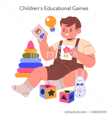 Educational Games concept. A joyful child playing with colorful learning toys. Early development, cognitive skills improvement. Vector illustration. 118665039