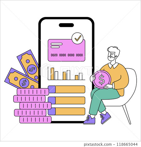 Financial management concept. Businessman with coin, analyzing economic charts on smartphone, digital banking. Simple lines and modern design. Vector illustration. 118665044