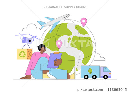 Sustainable Supply Chains concept. A strategic approach to create environmentally-conscious logistics. Eco-friendly shipping, recycling, and drone delivery. Vector illustration. 118665045